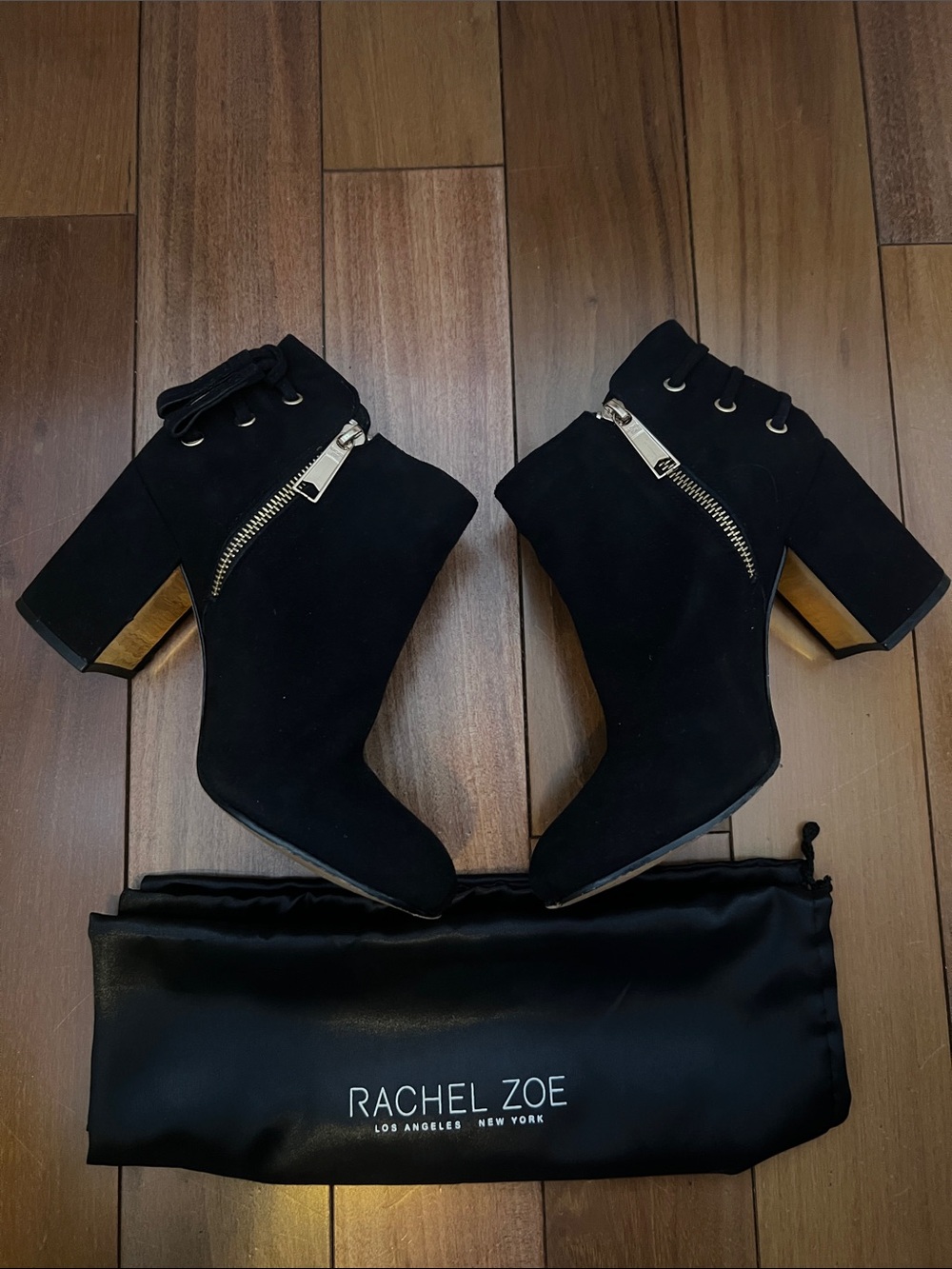 Rachel Zoe Black Suede Ankle Boots with Gold Heel and Lace-Up Detail